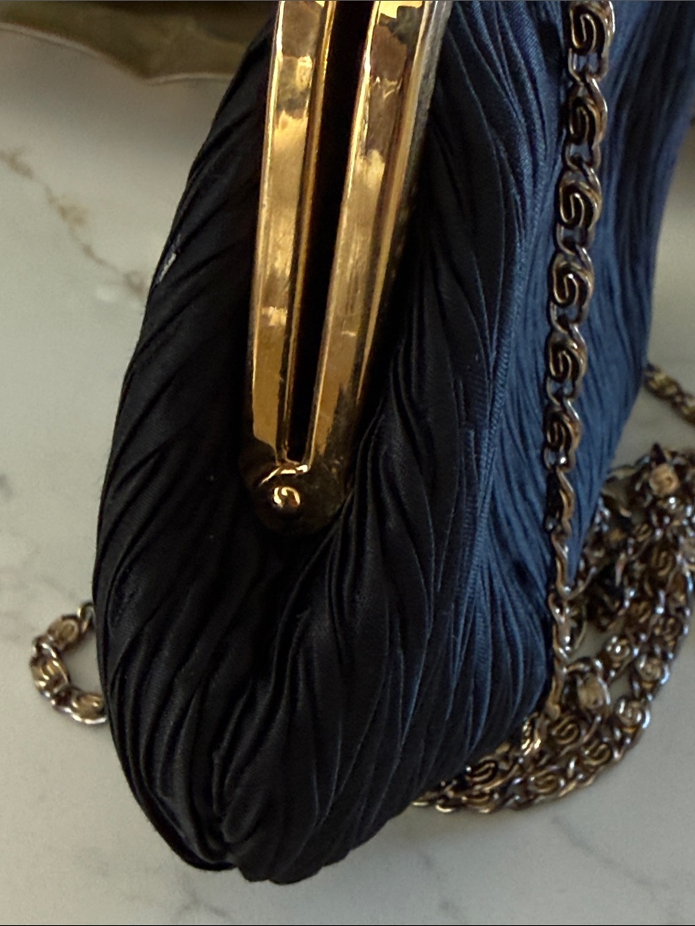 Carla Marchi Classic Black Satin Evening Bag Accordion Pleat Crystal Gold Clasp - Picture 7 of 8